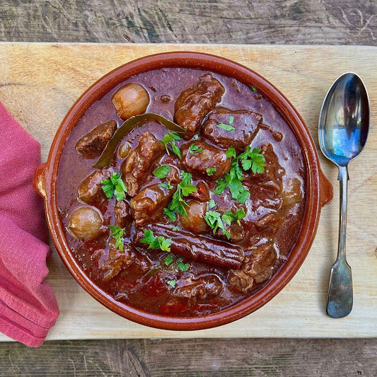 Frozen: Stifado - Greek slow-cooked beef stew with red wine, cinnamon and shallots. Serves two.