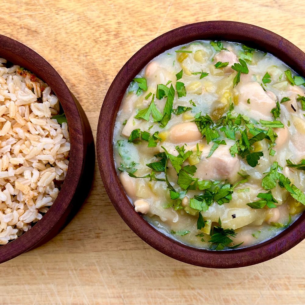 Frozen: Chicken, leek and tarragon casserole with white wine and cannellini beans.  Serves two
