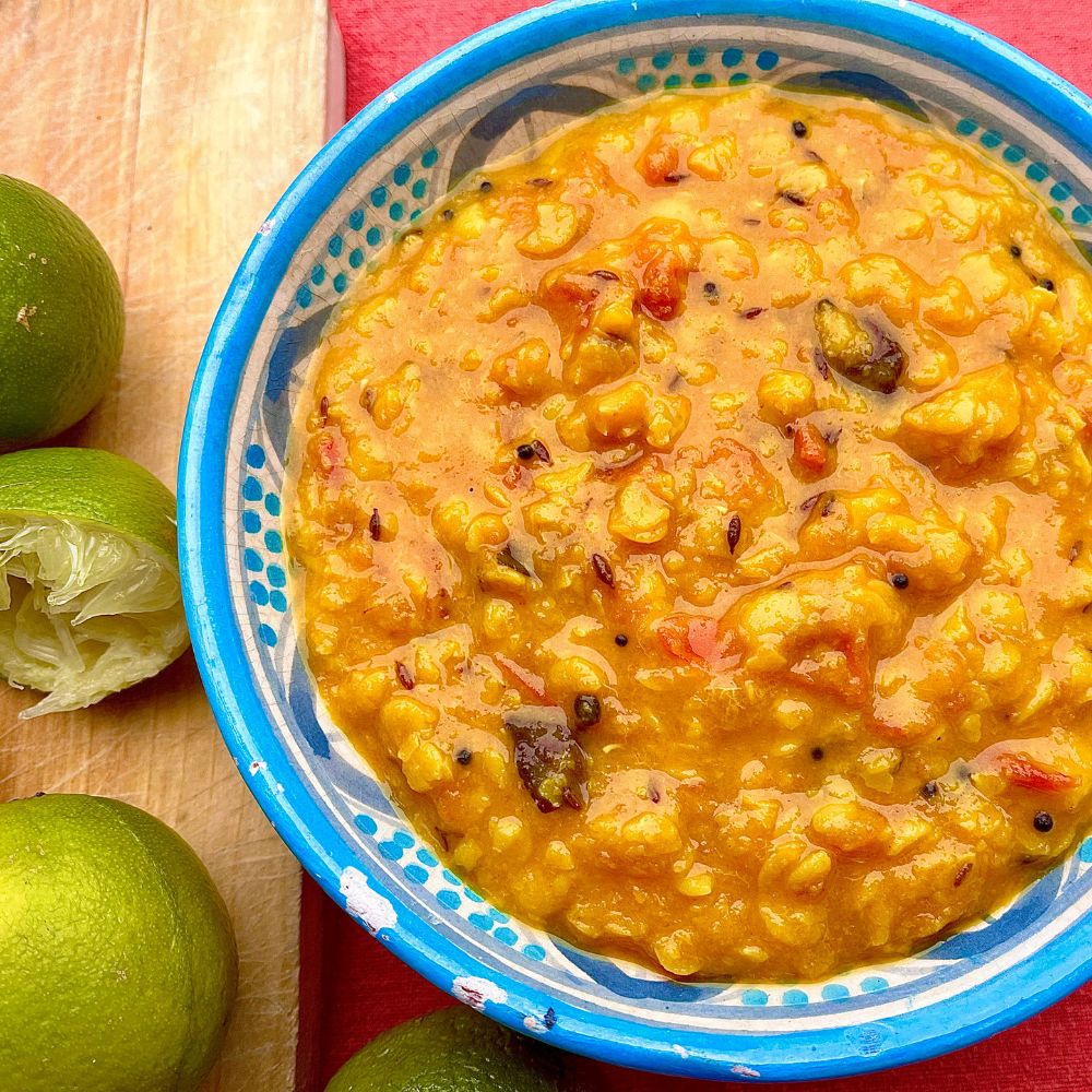 Frozen: Gujurati golden dal with tomatoes, curry leaves and mustard seeds. Vegan. Serves two/three