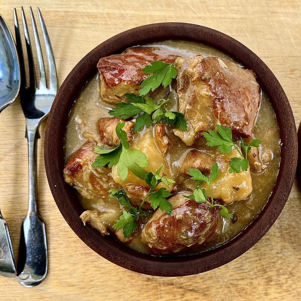 Frozen: Pork and celeriac with cider, thyme and bacon. Serves two