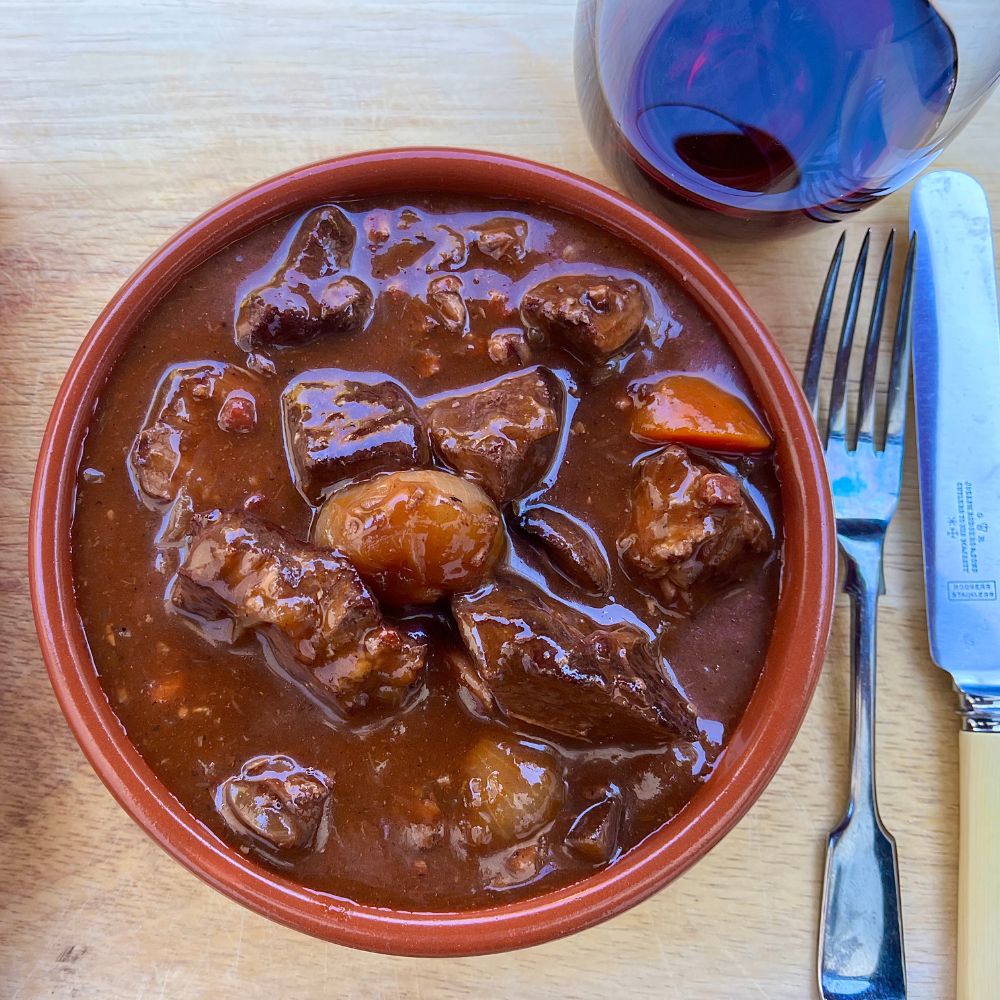 Frozen: Beef Bourguignon with red wine, lardons, shallots and mushrooms. Serves two