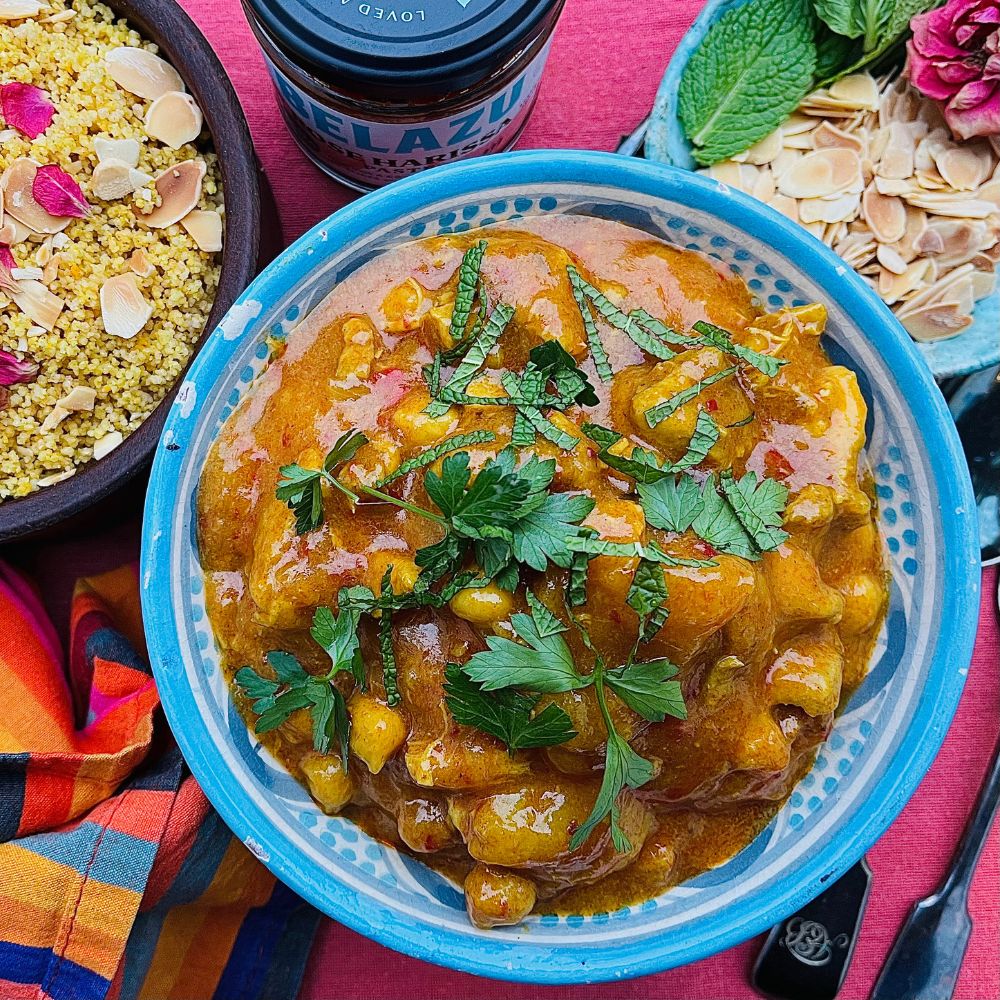 Frozen: Chicken and olive tagine with saffron and chickpeas. Serves two