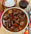 Frozen: Mushroom and chestnut bourguignon with roast shallots and red wine. Vegan. Serves two generously