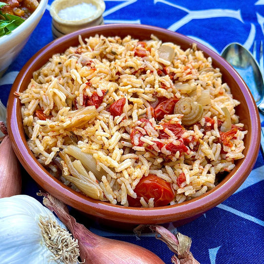 Frozen: Tomato and roast shallot rice with confit garlic. Serves two