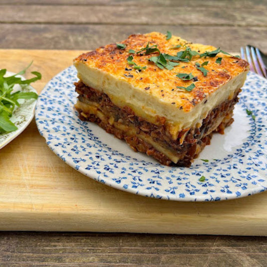 Frozen: Chestnut mushroom and puy lentil moussaka with pecorino and aubergine. Veg. Serves one.