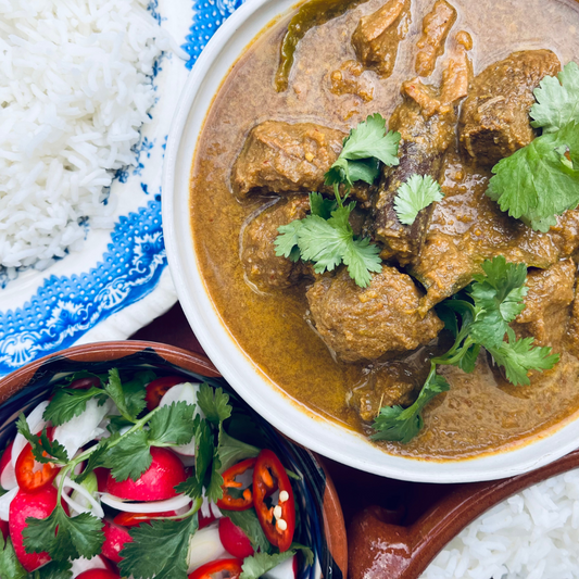 Frozen: Slow-cooked Indonesian beef rendang with lemongrass, galangal and coconut milk.  Serves two