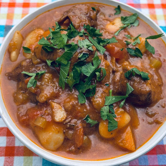 Frozen: Greek lamb casserole with white wine, tomato, oregano and butter beans. Serves six